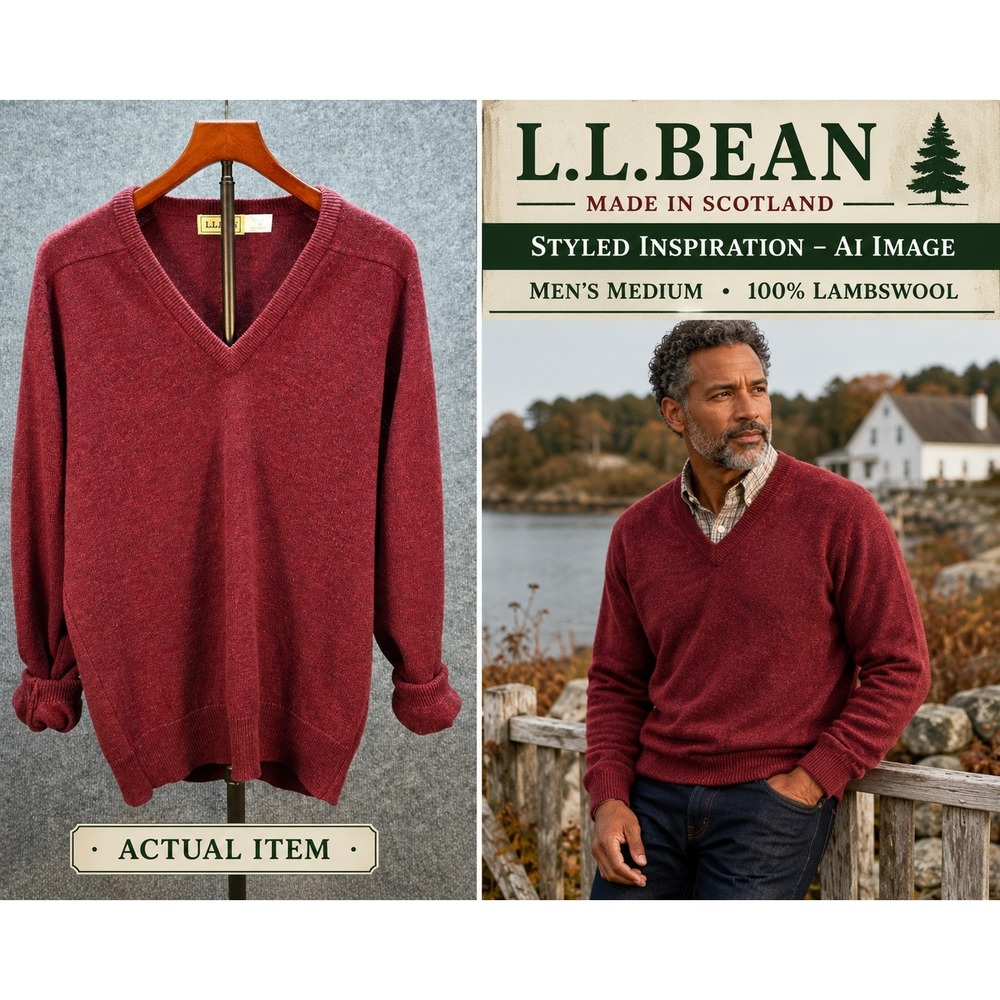 LL Bean V-Neck Sweater Mens Medium Burgundy Lambswool Excellent Made in Scotland